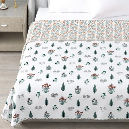 White Base Teal Handblock Boota Pure Cotton Reversible Dohar