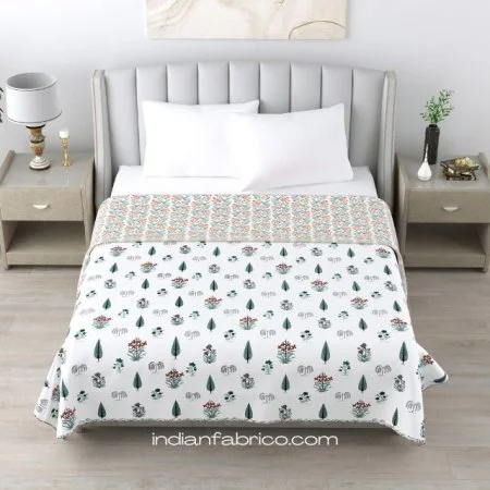 White Base Teal Handblock Boota Pure Cotton Reversible Double Bed Dohar