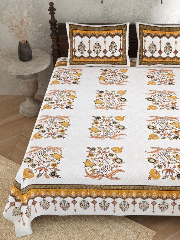 Yellow Floral Jaal Pure Cotton King Size Bedsheets