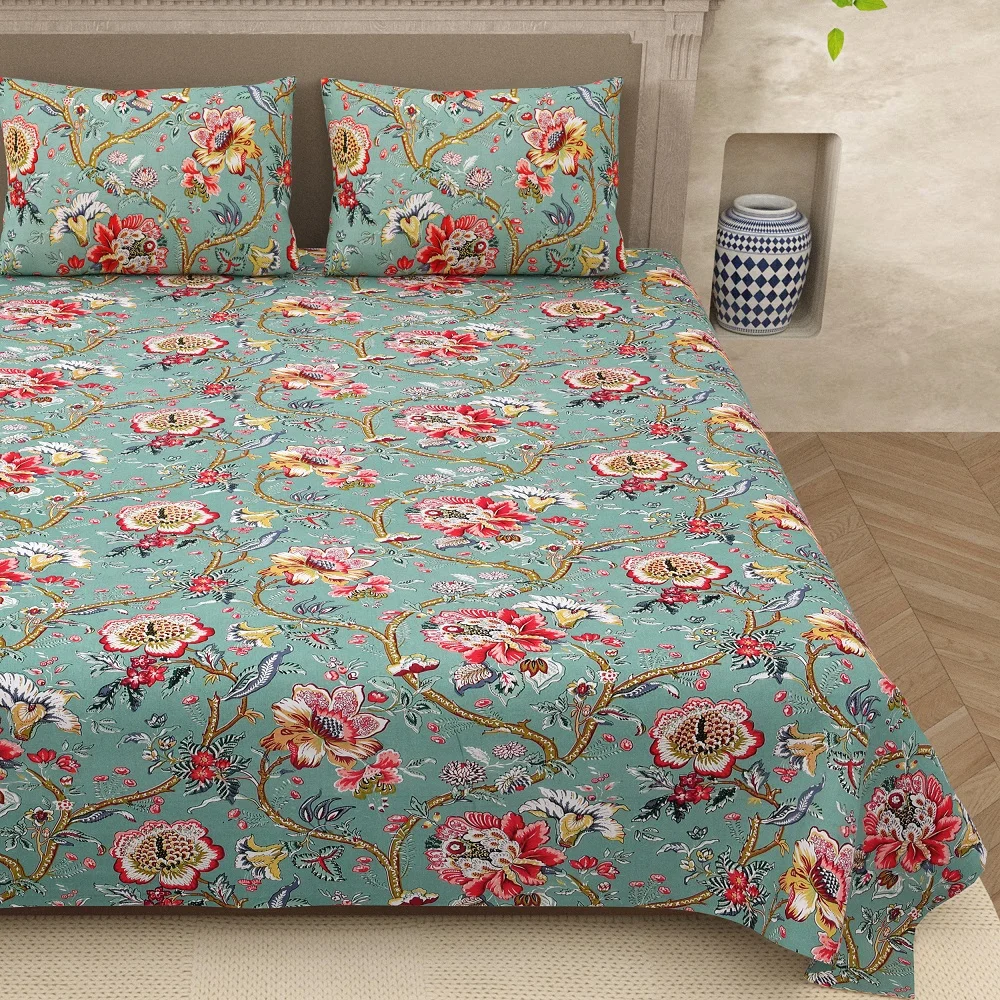 Green Base Retro Pink Floral Print King Size Bedsheet Closeup