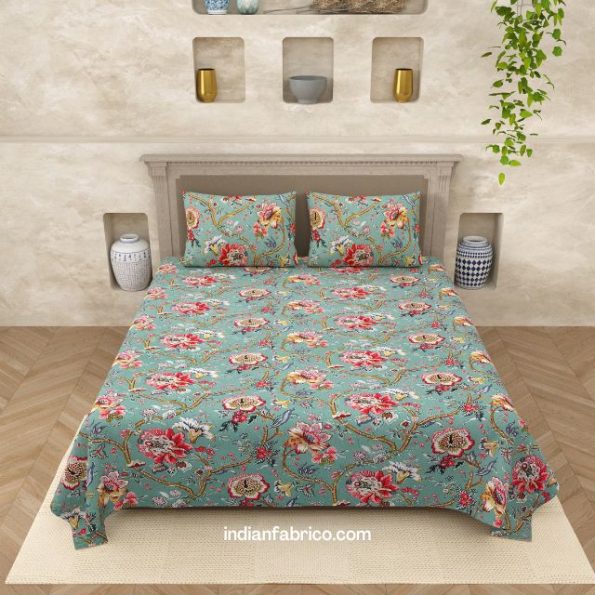 Green Base Retro Pink Floral Print King Size Bedsheet with Two Pillow Covers