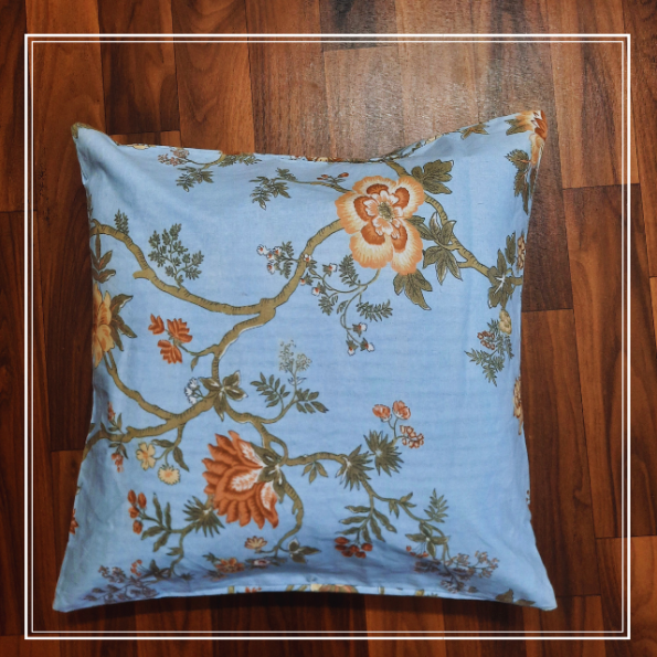 Light Blue Orange Floral Print Cushion Cover (16x16Inch)