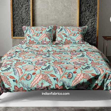 Light Green Base Floral Print Double Bed Dohar + King Size Bedsheet with Two Pillow Covers