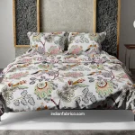 Light Grey Base Floral Print Double Bed Dohar + King Size Bedsheet with Two Pillow Covers Combo Set