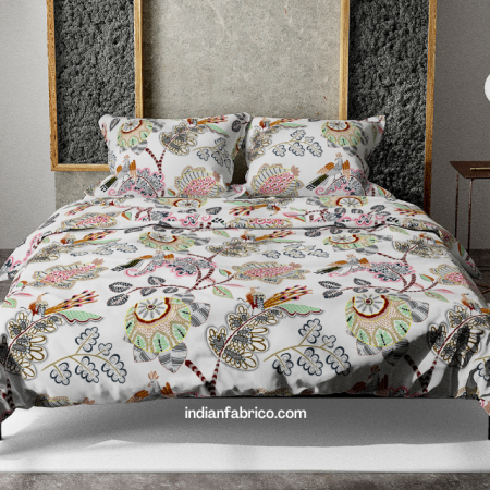 Light Grey Base Floral Print Double Bed Dohar + King Size Bedsheet with Two Pillow Covers Combo Set