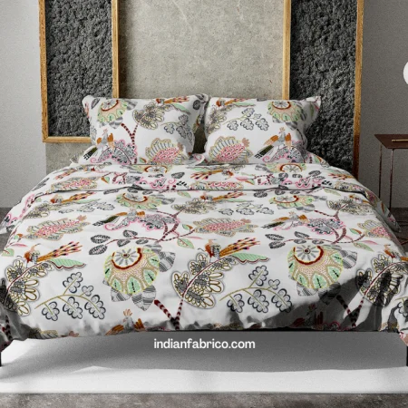 Light Grey Base Floral Print Double Bed Dohar + King Size Bedsheet with Two Pillow Covers Combo Set