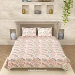 Light Pink Base Floral Print Double Bed Dohar + King Size Bedsheet with Two Pillow Covers