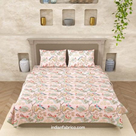Light Pink Base Floral Print Double Bed Dohar + King Size Bedsheet with Two Pillow Covers