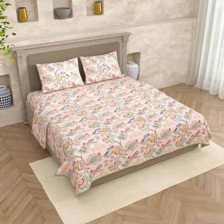 Light Pink Base Floral Print Double Bed Dohar and Bedsheet set