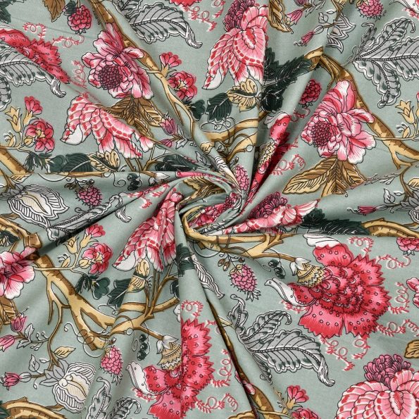Sea Green Base Retro Pink Floral Print King Size Bedsheet Closeup