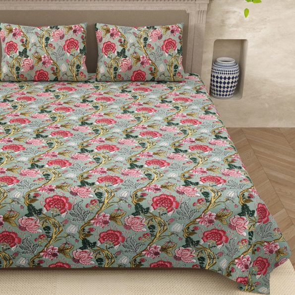 Sea Green Base Retro Pink Floral Print King Size Bedsheet with Two Pillow Covers