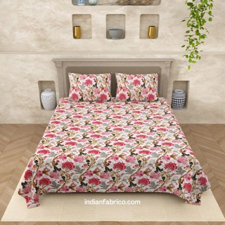 White Base Retro Pink Floral Print King Size Bedsheet
