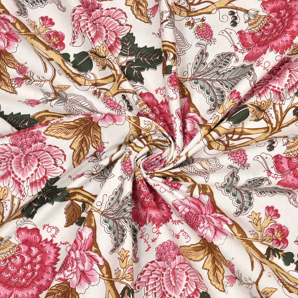 White Base Retro Pink Floral Print King Size Bedsheet Closeup