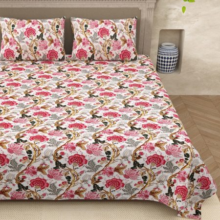 White Base Retro Pink Floral Print King Size Bedsheets