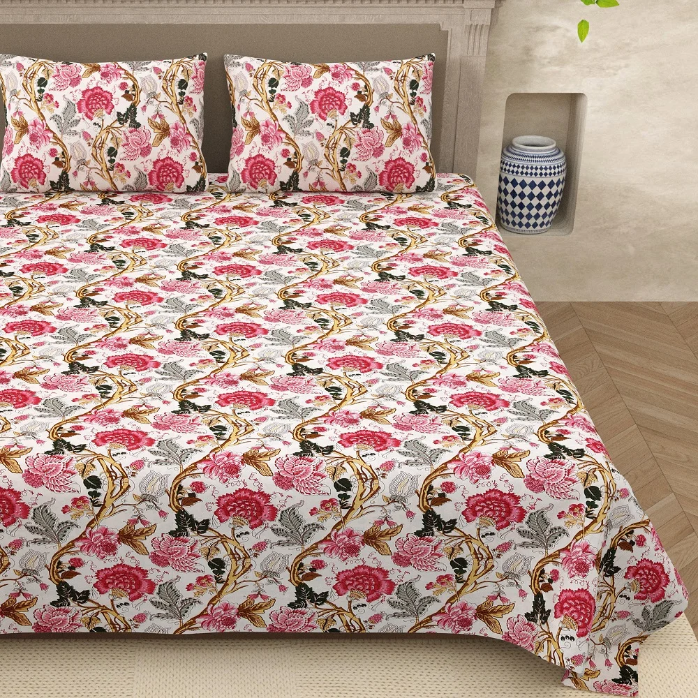 White Base Retro Pink Floral Print King Size Bedsheets
