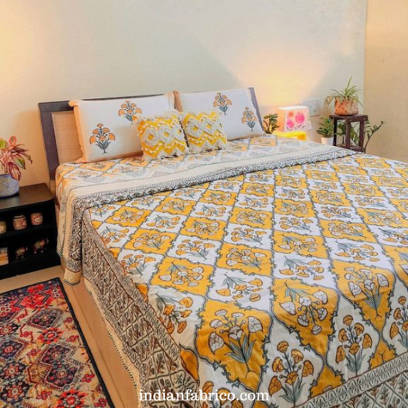 Yellow Mughal Jaal Print Double Bed Dohar + King Size Bedsheet with Two Pillow Covers
