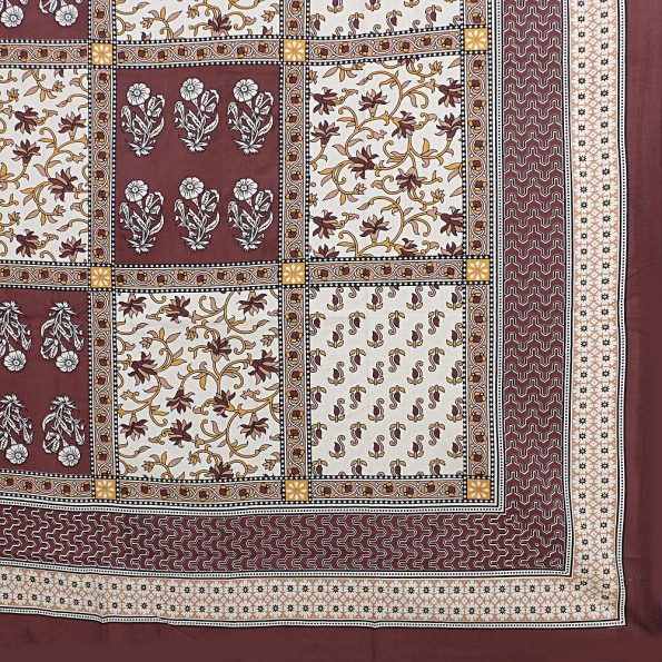 Chocolate Brown Jaipuri Floral Print Single Bedsheet Closeup