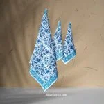 Hand Block Blue Floral Printed Waffle Cotton Bath and Hand Towel (Set Of 1+2)