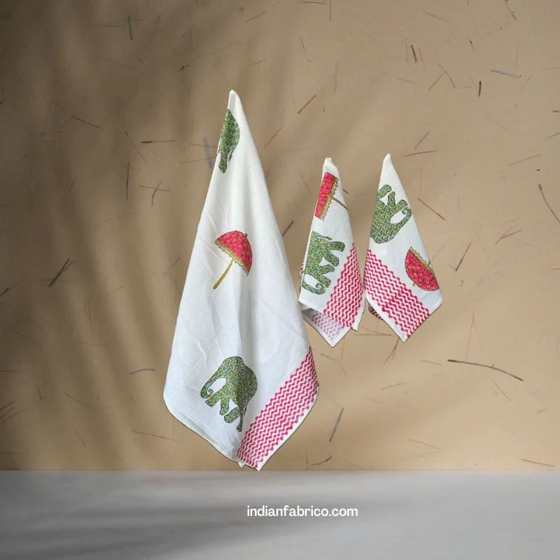 Hand Block Elephant Printed Waffle Cotton Bath and Hand Towel (Set Of 1+2)