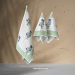 Hand Block Green Floral Printed Waffle Cotton Bath and Hand Towel (Set Of 1+2)
