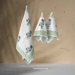 Hand Block Green Floral Printed Waffle Cotton Bath and Hand Towel (Set Of 1+2)