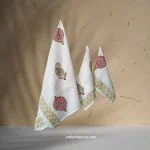 Hand Block Green Paisley Floral Printed Waffle Cotton Bath and Hand Towel (Set Of 1+2)