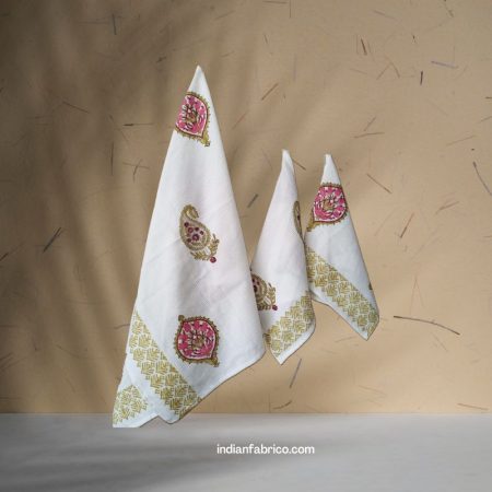 Hand Block Green Paisley Floral Printed Waffle Cotton Bath and Hand Towel (Set Of 1+2)