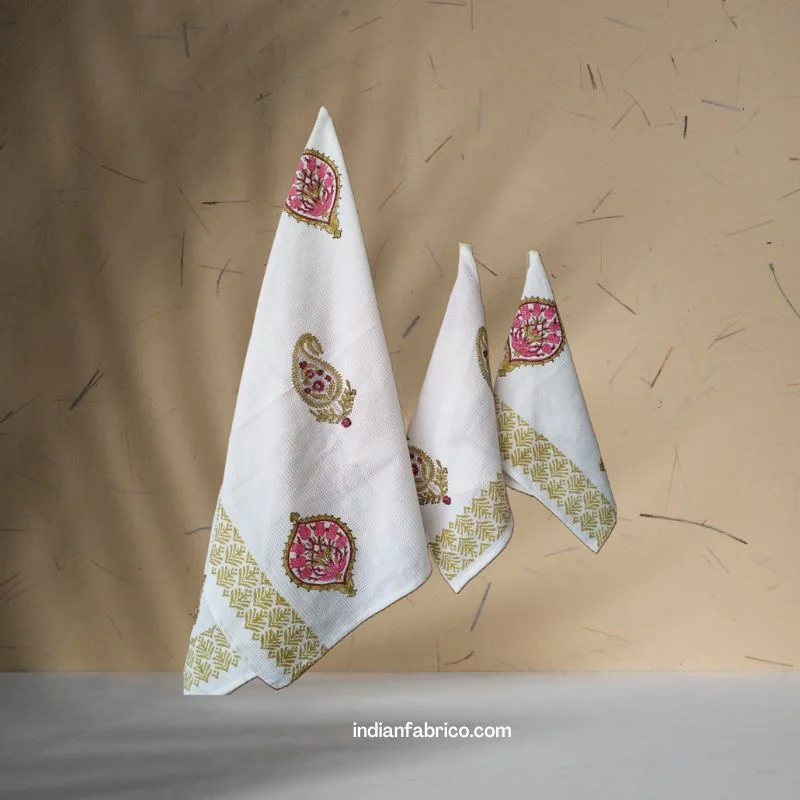 Hand Block Green Paisley Floral Printed Waffle Cotton Bath and Hand Towel (Set Of 1+2) Hand Block Green Paisley Floral Printed Waffle Cotton Bath and Hand Towel (Set Of 1+2)