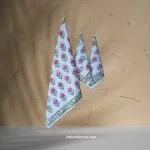 Hand Block Pink Floral Printed Waffle Cotton Bath and Hand Towel (Set Of 1+2)