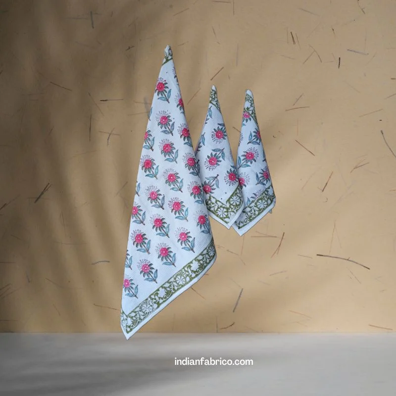 Hand Block Pink Floral Printed Waffle Cotton Bath and Hand Towel (Set Of 1+2)