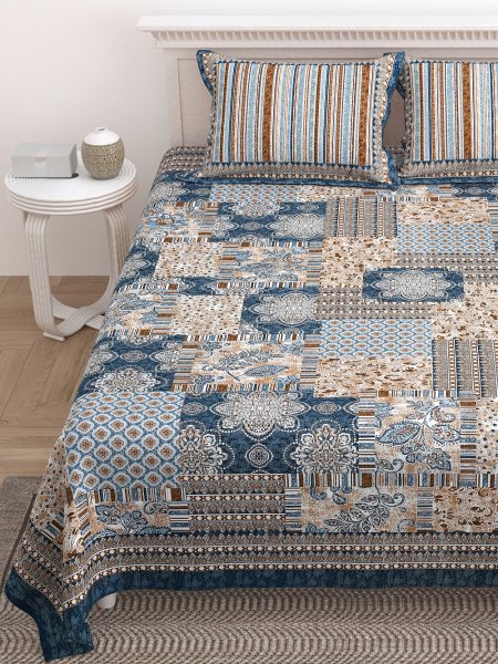 Retro Blue Floral Print King Size Bedsheet