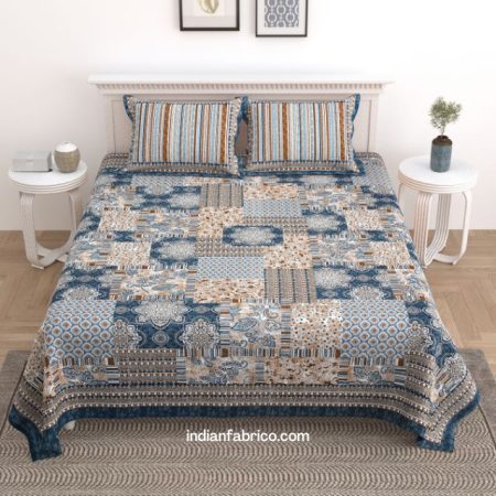 Retro Blue Floral Print King Size Bedsheet with Two Pillow Covers