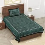 Beautiful Dark Green Dabu Motif Floral Print Single Bedsheet