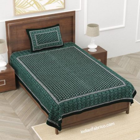 Beautiful Dark Green Dabu Motif Floral Print Single Bedsheet
