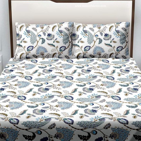 Blue Peacock Flowers Print King Size Bedsheet with Two Pillow Cover
