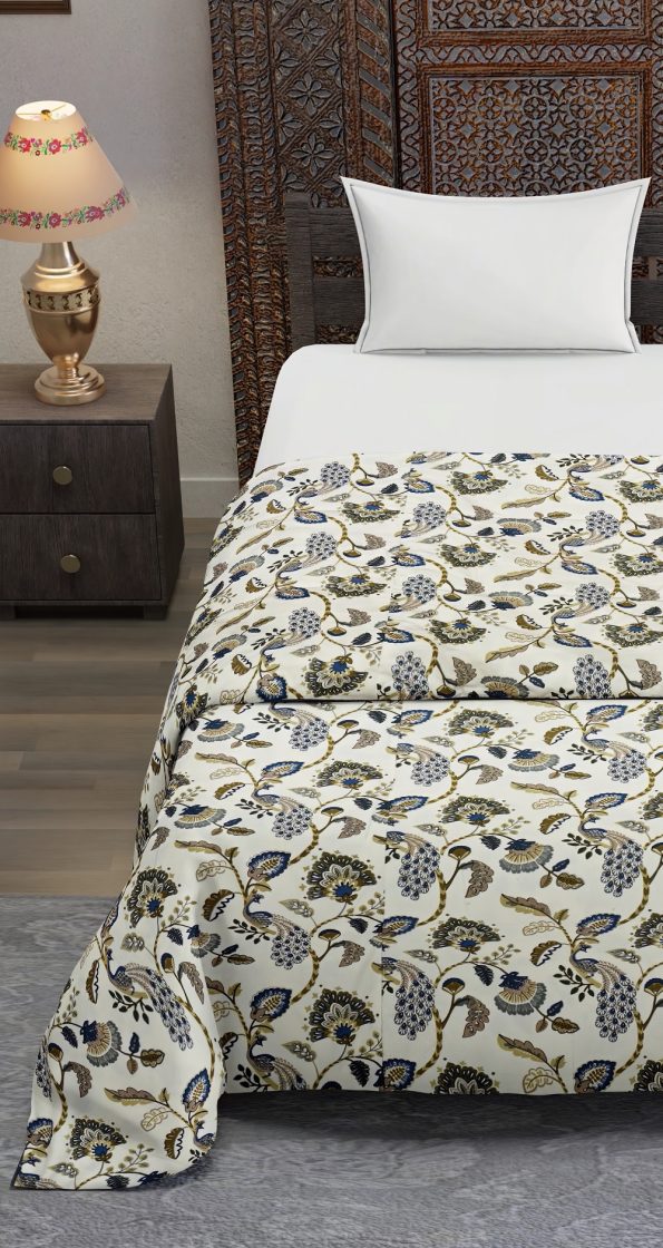 Blue Peacock Flowers Print Pure Cotton Reversible Double Bed Dohar Sideview