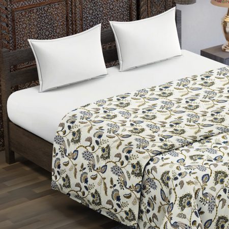 Blue Peacock Flowers Print Pure Cotton Reversible Double Bed Dohars