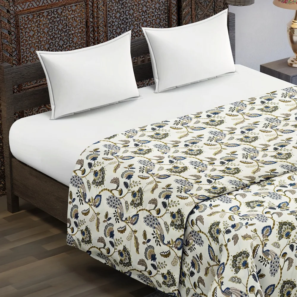 Blue Peacock Flowers Print Pure Cotton Reversible Double Bed Dohars