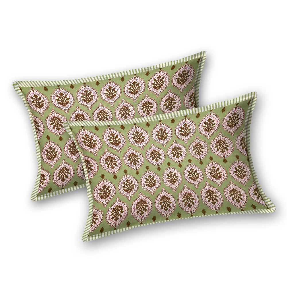 Green Base Block Boota Pattern Double Bedsheet Pillow Covers