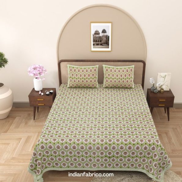 Green Base Block Boota Pattern Double Bedsheet with Two Pillow Covers
