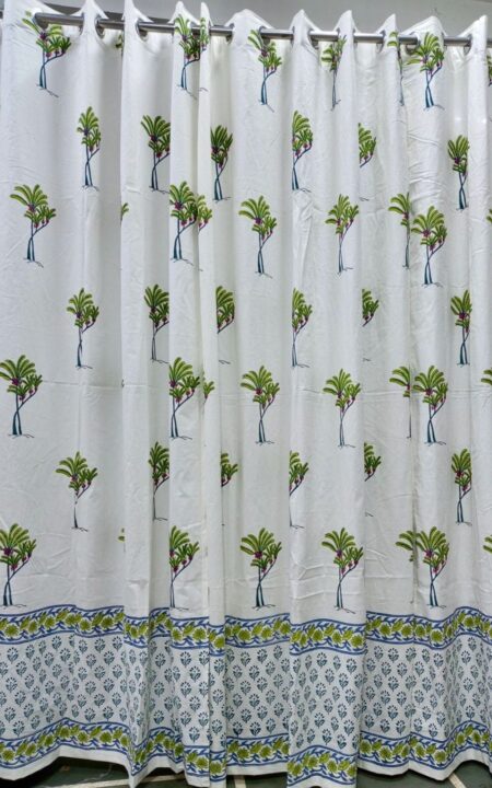 Green Plam Tree Print Hand Block Print Door Curtains Set
