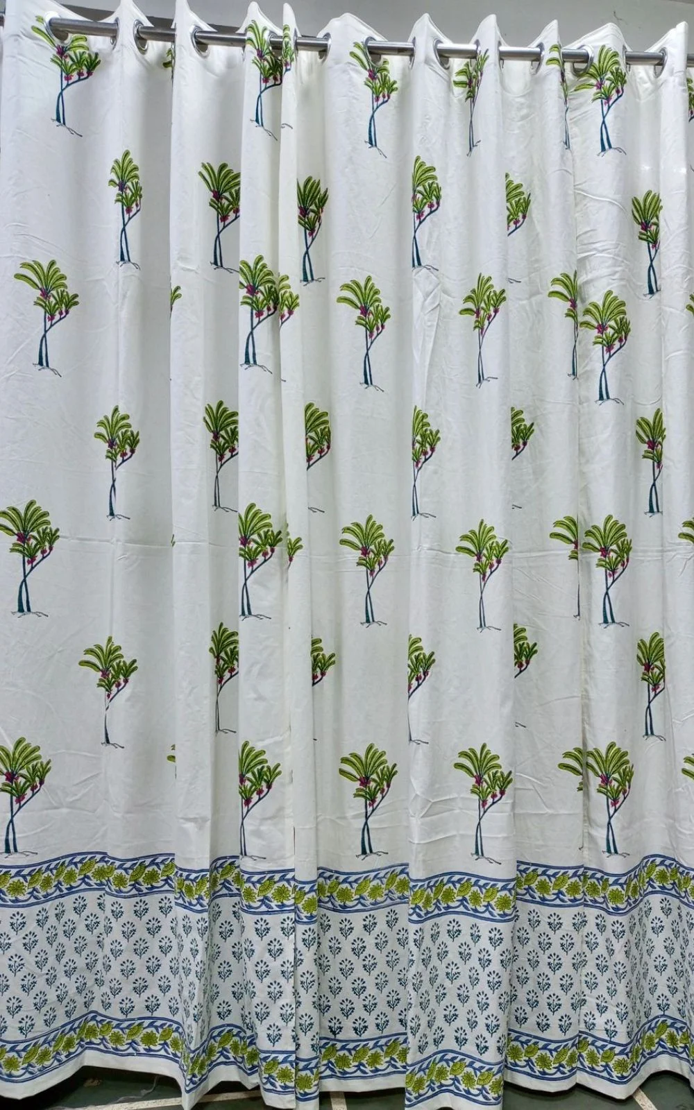 Green Plam Tree Print Hand Block Print Door Curtains Set