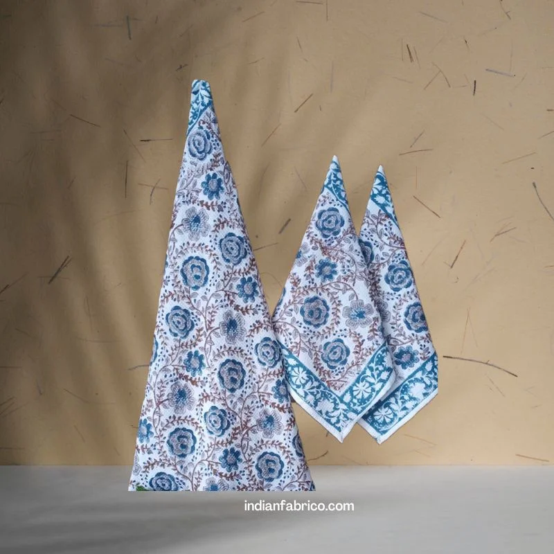 Hand Block Blue Floral Jaal Waffle Cotton Bath and Hand Towel (Set Of 1+2) Hand Block Blue Floral Jaal Waffle Cotton Bath and Hand Towel (Set Of 1+2)