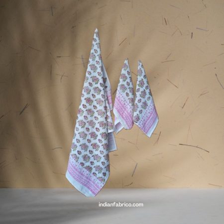 Hand Block Brown Motif Printed Waffle Cotton Bath and Hand Towel (Set Of 1+2)