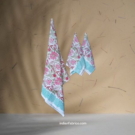 Hand Block Pink Floral Jaal Printed Waffle Cotton Bath and Hand Towel (Set Of 1+2)