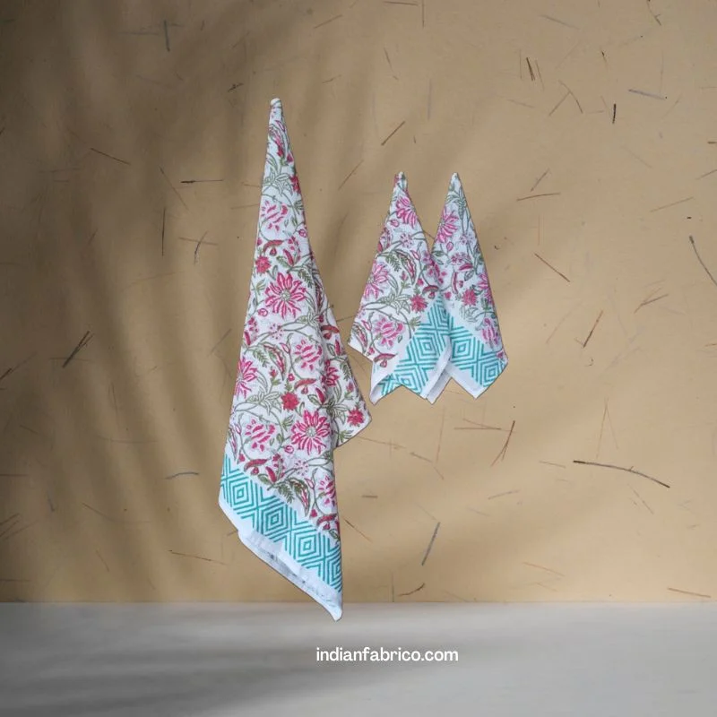 Hand Block Pink Floral Jaal Printed Waffle Cotton Bath and Hand Towel (Set Of 1+2) Hand Block Pink Floral Jaal Printed Waffle Cotton Bath and Hand Towel (Set Of 1+2)