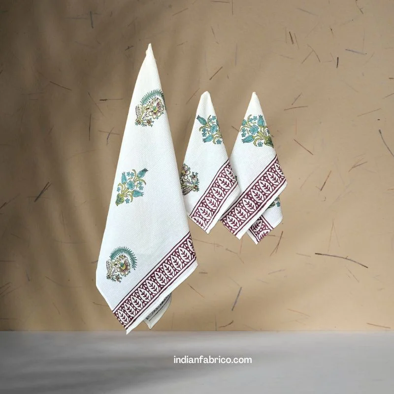 Hand Block Teal Floral Boota Waffle Cotton Bath and Hand Towel (Set Of 1+2)