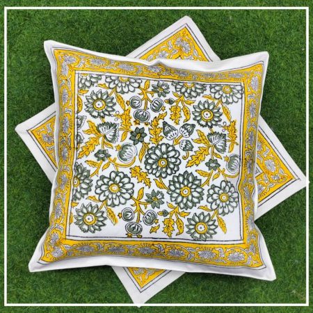 Handblock Print Yellow Floral Cushion Cover Cover Set of 2 (16x16Inch)