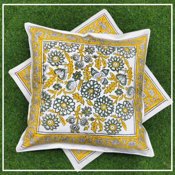 Handblock Print Yellow Floral Cushion Cover Cover Set of 2 (16x16Inch)