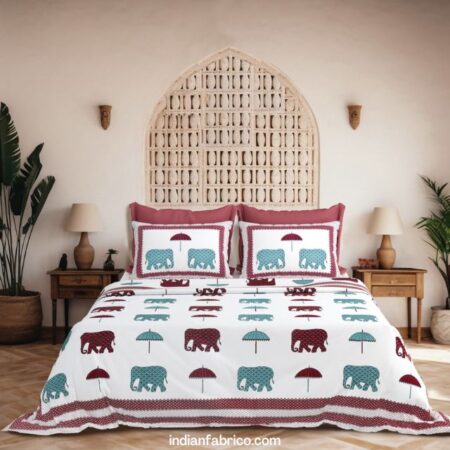 Jaipuri White Dark Maroon Rajwada Elephant Print King Size Bedsheet (108×108)